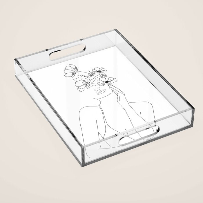 Minimal Line Art Woman With Flowers Acrylic Tray