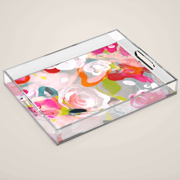 Dream Flowers In Pink Rose Floral Abstract Art Acrylic Tray