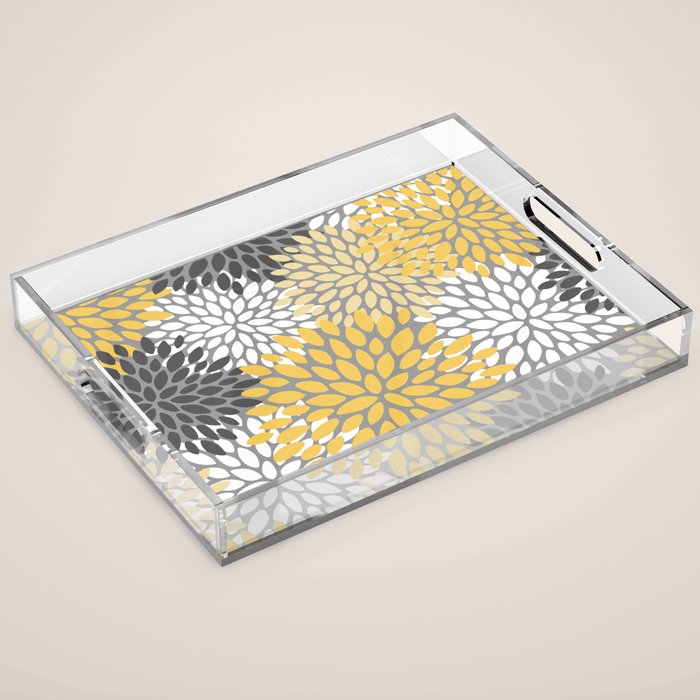 Modern Elegant Chic Floral Pattern, Soft Yellow, Gray, White Acrylic Tray