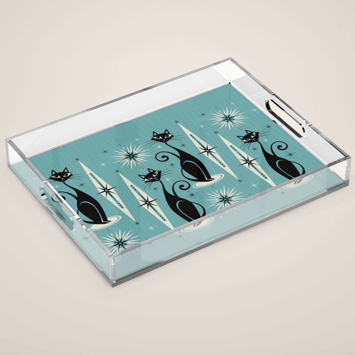 Mid Century Meow Retro Atomic Cats On Blue Acrylic Tray