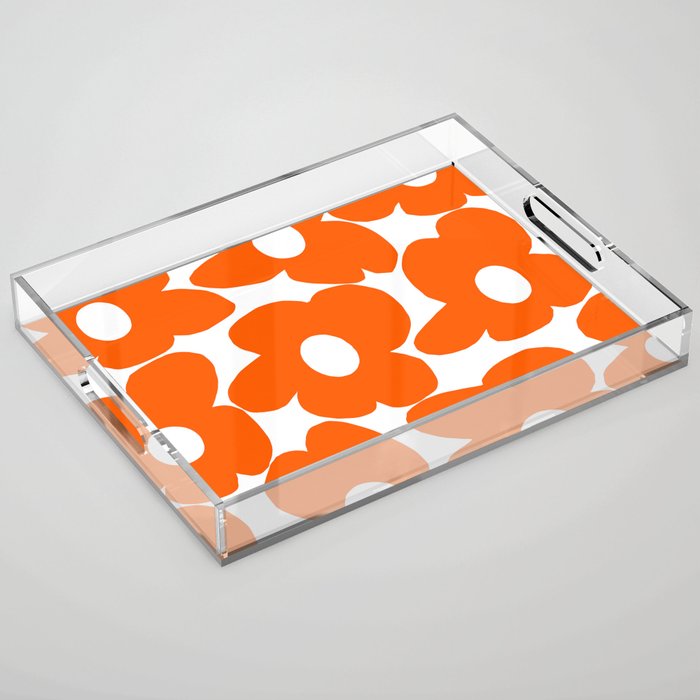 Orange Retro Flowers White Background #Decor #Homestorie #Buyart Acrylic Tray