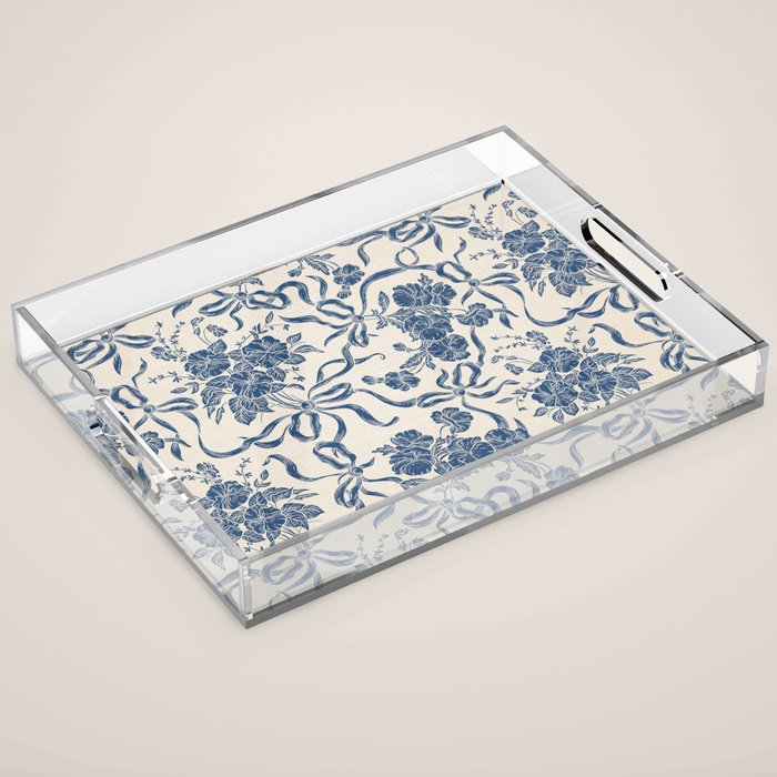 Chic Modern Vintage Ivory Navy Blue Floral Pattern Acrylic Tray
