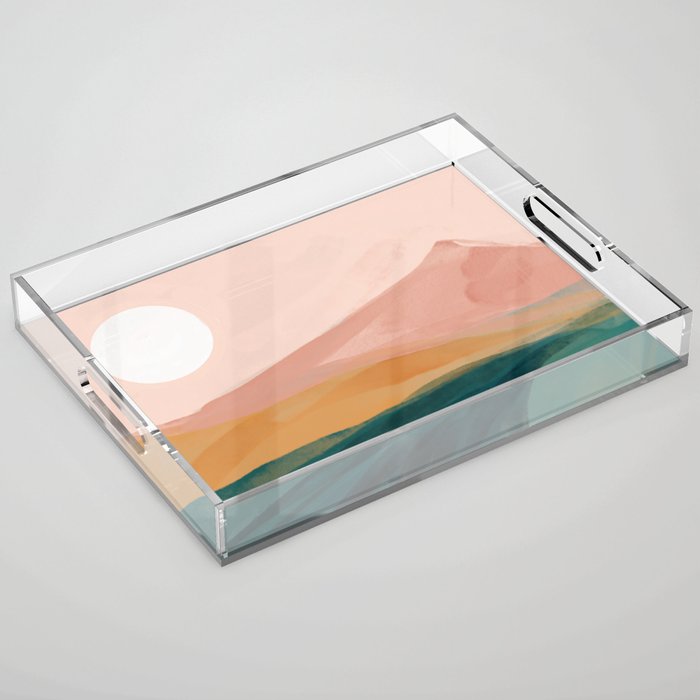 Pink, Green, Gold Moon Watercolor Mountains Acrylic Tray