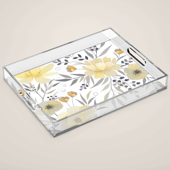 Modern, Floral Prints, Yellow, Gray And White Acrylic Tray