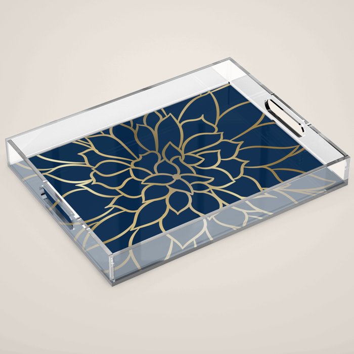 Floral Prints, Line Art, Navy Blue And Gold Acrylic Tray