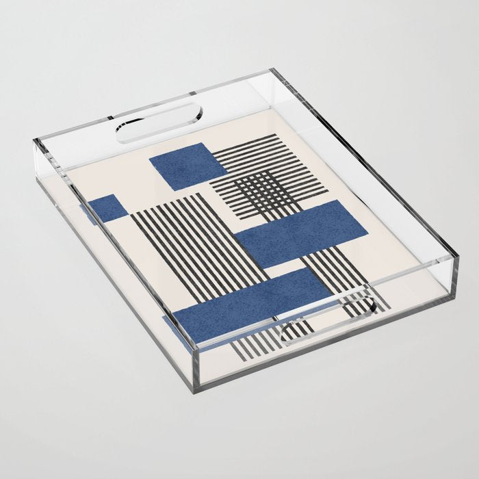 Stripes And Square Blue Composition - Abstract Acrylic Tray