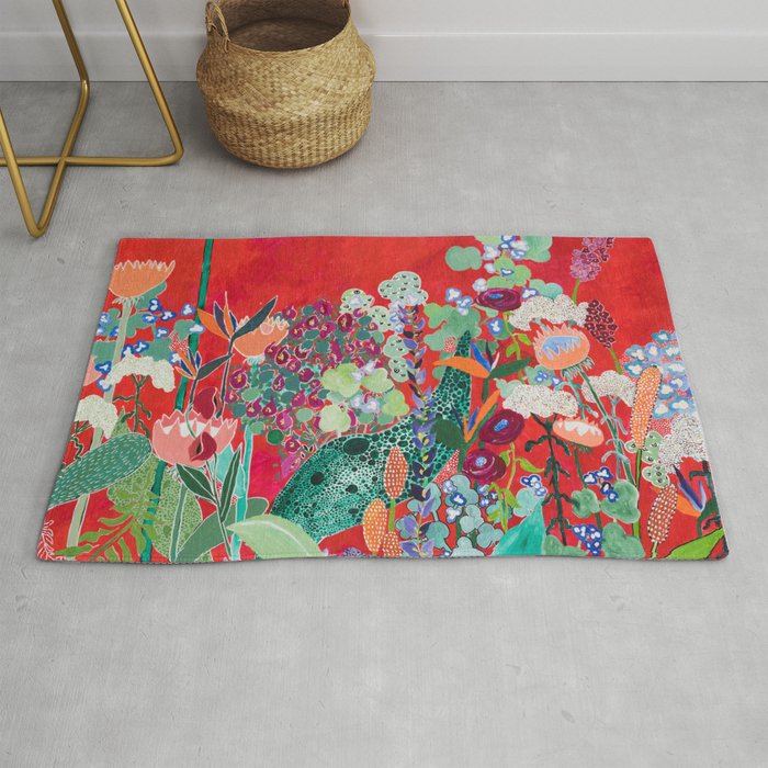 Red Floral Jungle Garden Botanical Featuring Proteas, Reeds, Eucalyptus, Ferns And Birds Of Paradise Rug