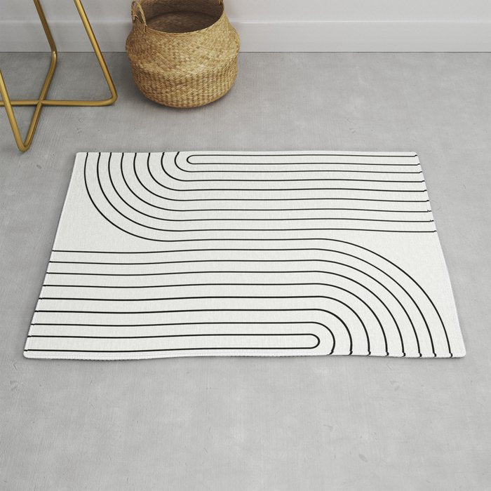 Minimal Line Curvature I Black And White Mid Century Modern Arch Abstract Rug