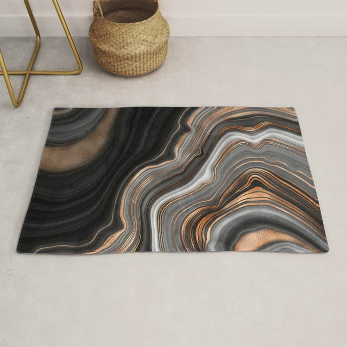 Elegant Black Marble With Gold And Copper Veins Rug