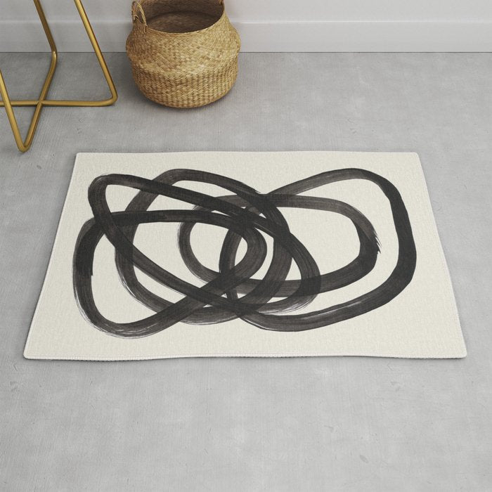 Mid Century Modern Minimalist Abstract Art Brush Strokes Black & White Ink Art Spiral Circles Rug