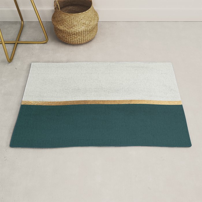 Deep Green, Gold And White Color Block Rug
