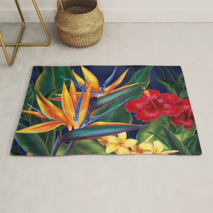 Tropical Paradise Hawaiian Floral Illustration Rug