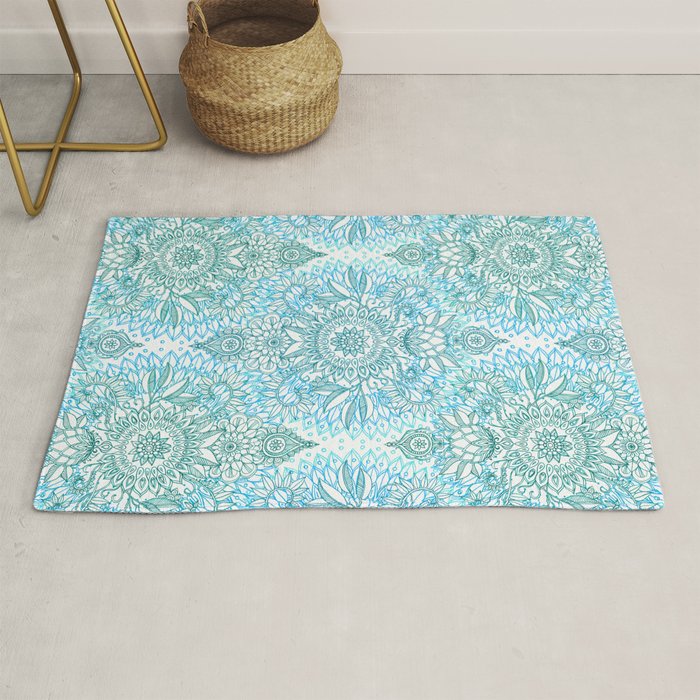 Turquoise Blue, Teal & White Protea Doodle Pattern Rug