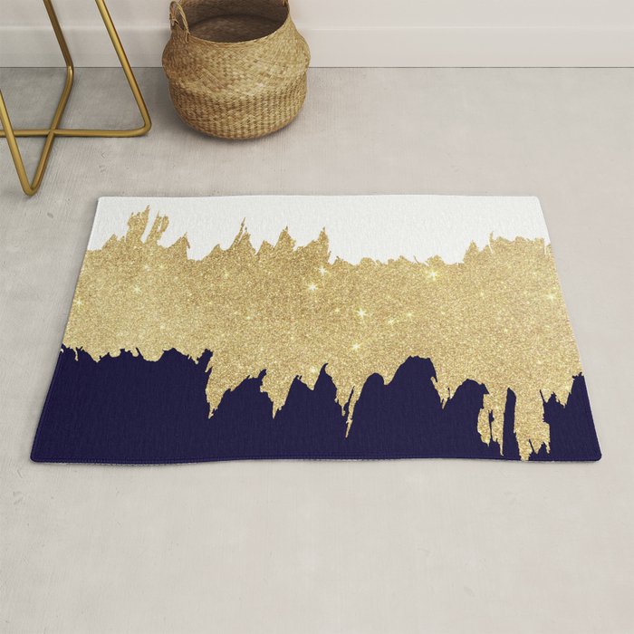 Modern Navy Blue White Faux Gold Glitter Brushstrokes Rug