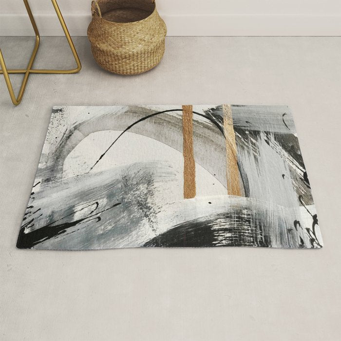 Armor [7]: A Bold Minimal Abstract Mixed Media Piece In Gold, Black And White Rug