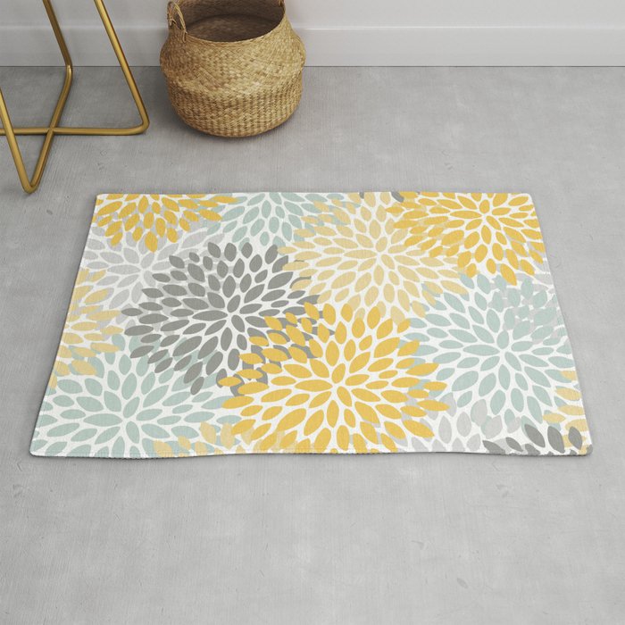 Floral Pattern, Yellow, Pale, Aqua And Gray Rug