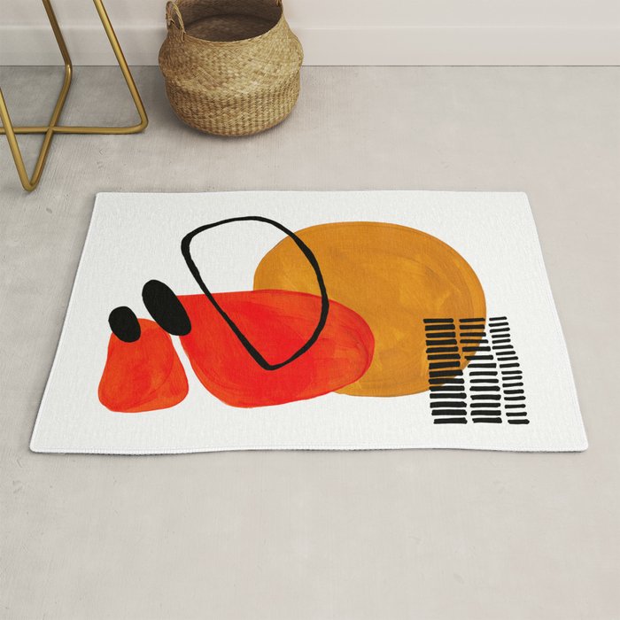 Mid Century Modern Abstract Vintage Pop Art Space Age Pattern Orange Yellow Black Orbit Accent Rug