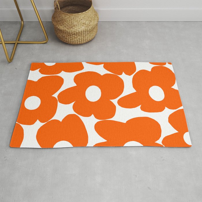 Orange Retro Flowers White Background #Decor #Homestorie #Buyart Rug