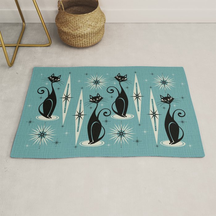 Mid Century Meow Retro Atomic Cats On Blue Rug