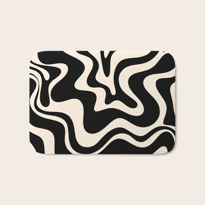 Retro Liquid Swirl Abstract Pattern 3 In Black And Almond Cream Bath Mat