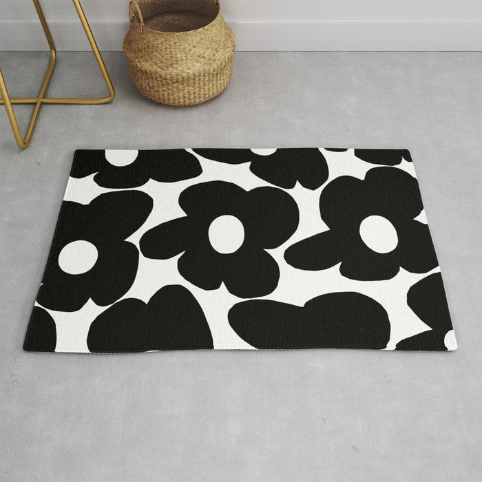 Black Retro Flowers White Background #Decor #Homestorie #Buyart Rug