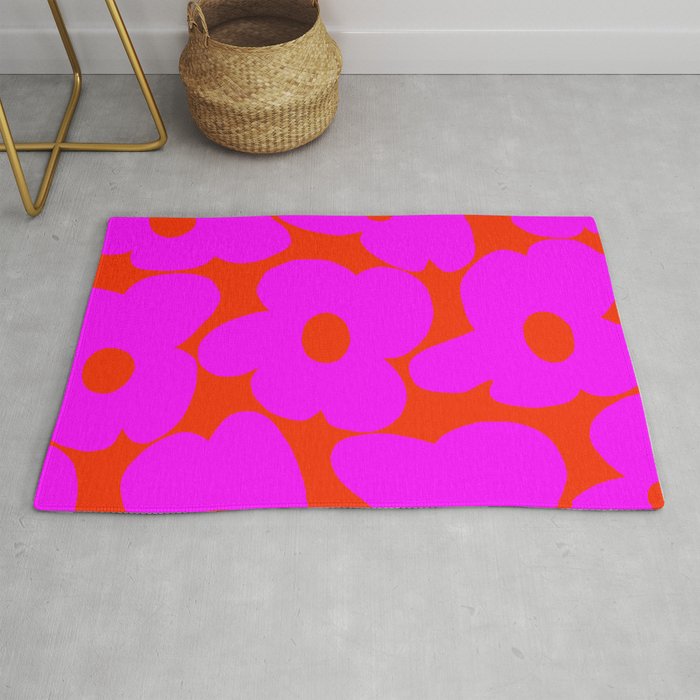 Pink Retro Flowers Orange Red Background #Decor #Homestorie #Buyart Rug