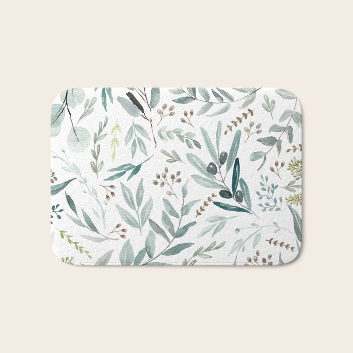 Botanical Eucalyptus Leaves Pattern Bath Mat