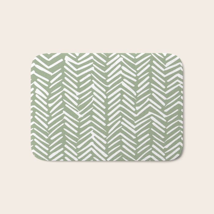 Boho, Abstract, Herringbone Pattern, Sage Green And White Bath Mat