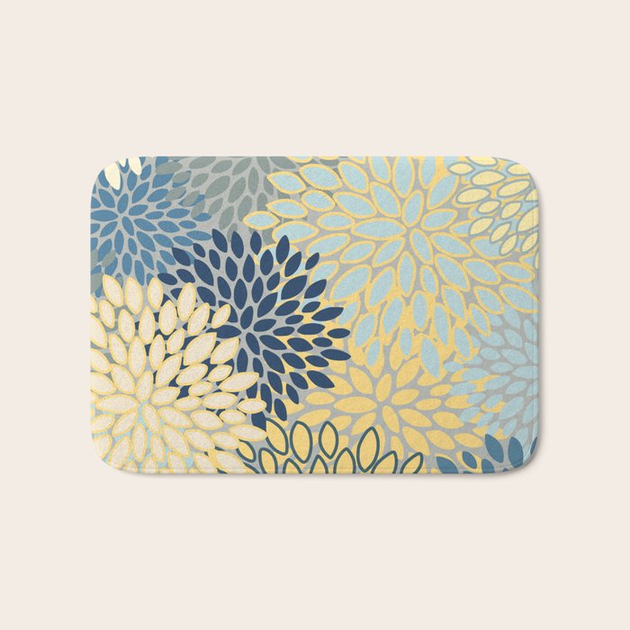 Floral Print, Yellow, Gray, Blue, Teal Bath Mat