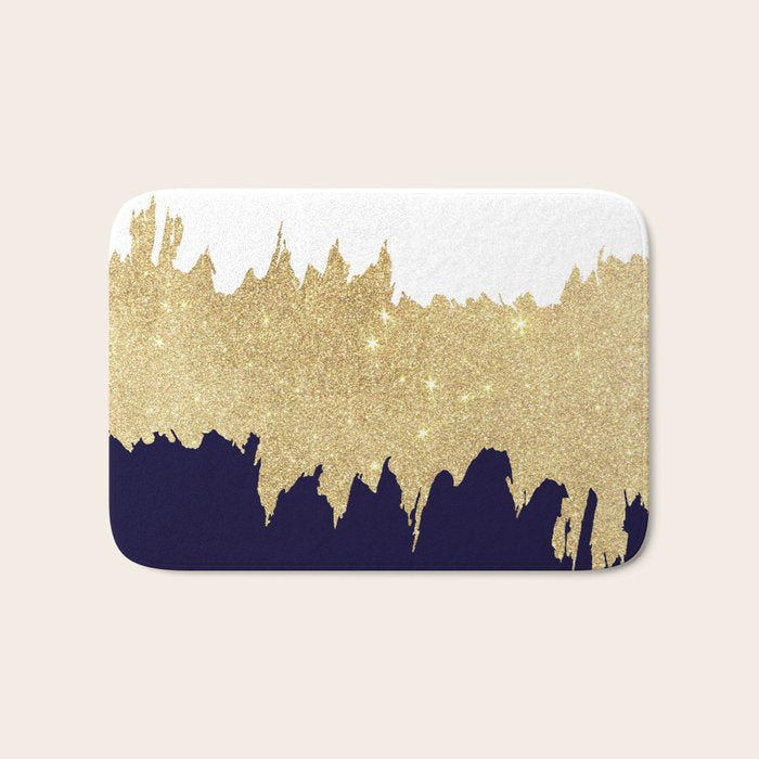 Modern Navy Blue White Faux Gold Glitter Brushstrokes Bath Mat