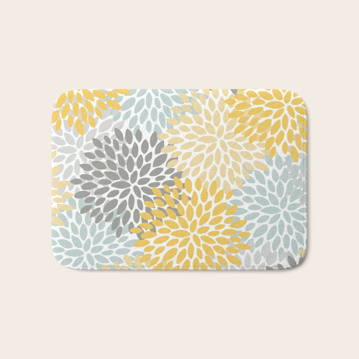 Floral Pattern, Yellow, Pale, Aqua And Gray Bath Mat