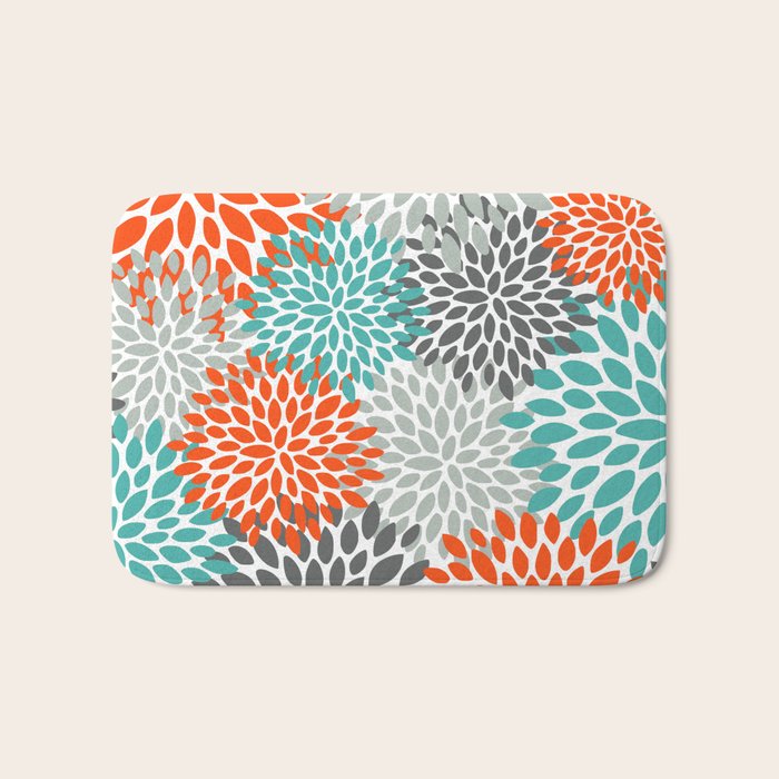 Floral Pattern, Abstract, Orange, Teal And Gray Bath Mat