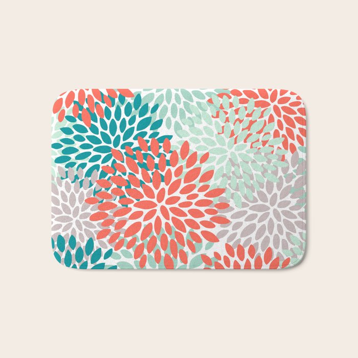 Floral Pattern, Orange, Teal, Mint Green, Flower Print Bath Mat