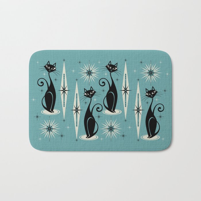 Mid Century Meow Retro Atomic Cats On Blue Bath Mat