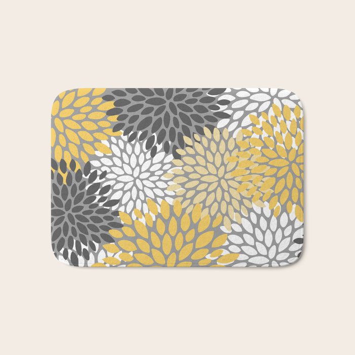 Modern Elegant Chic Floral Pattern, Soft Yellow, Gray, White Bath Mat