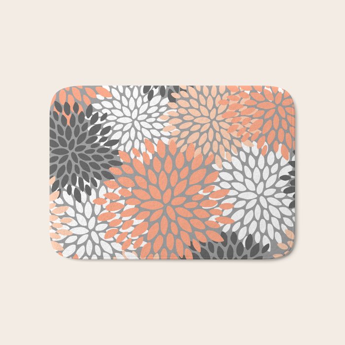 Floral Pattern, Coral, Gray, White Bath Mat