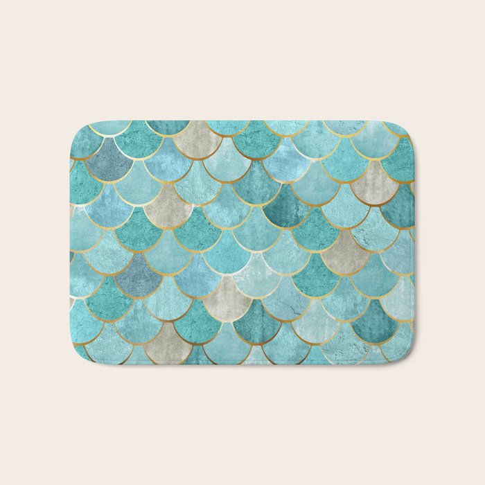 Moroccan Mermaid Fish Scale Pattern, Aqua,Teal Bath Mat