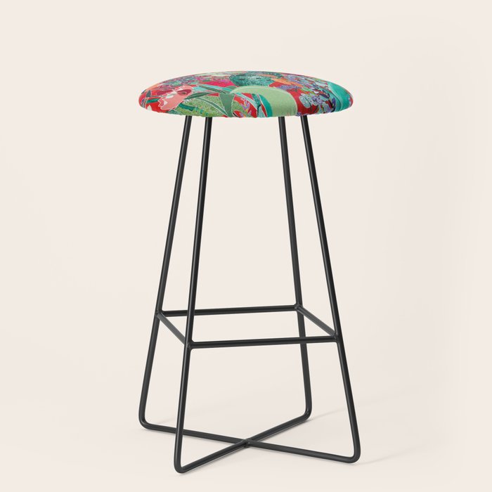 Red Floral Jungle Garden Botanical Featuring Proteas, Reeds, Eucalyptus, Ferns And Birds Of Paradise Stool