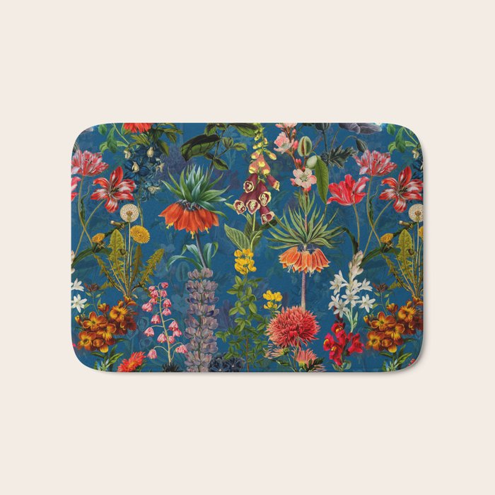 Vintage & Shabby Chic - Blue Midnight Spring Botancial Flower Garden Bath Mat