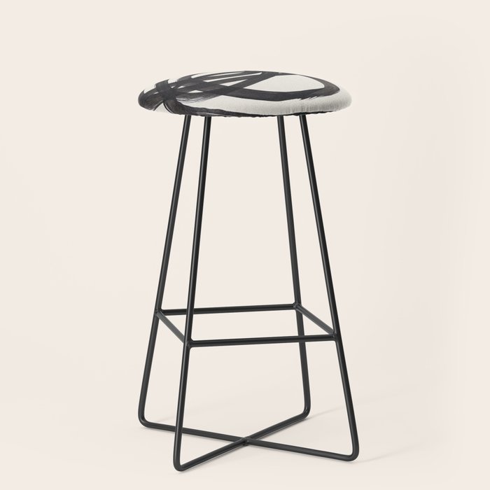 Mid Century Modern Minimalist Abstract Art Brush Strokes Black & White Ink Art Spiral Circles Stool