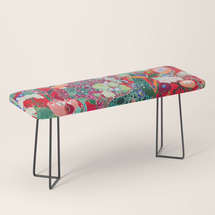 Red Floral Jungle Garden Botanical Featuring Proteas, Reeds, Eucalyptus, Ferns And Birds Of Paradise Bench