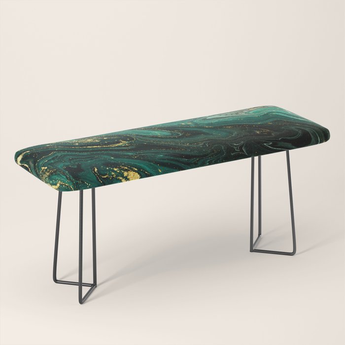 Abstract Pour Painting Liquid Marble Dark Green Teal Painting Gold Accent Bench