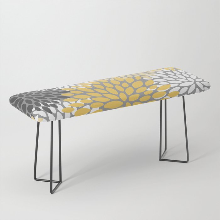 Modern Elegant Chic Floral Pattern, Soft Yellow, Gray, White Bench