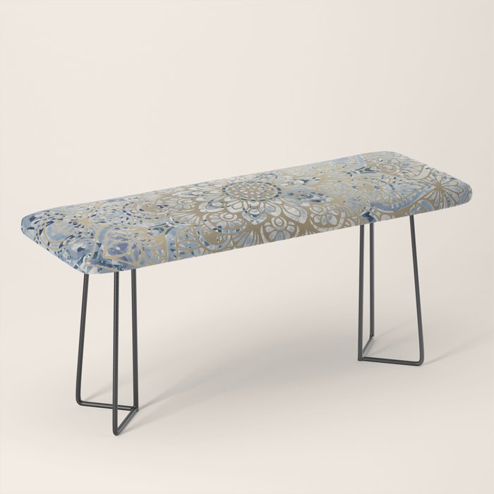 Mandala Flower, Blue And Gold, Floral Prints Bench