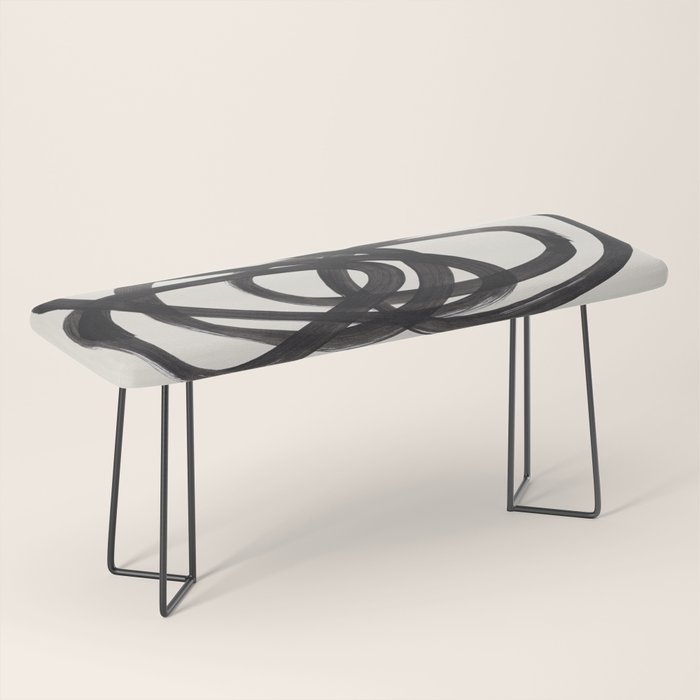 Mid Century Modern Minimalist Abstract Art Brush Strokes Black & White Ink Art Spiral Circles Bench