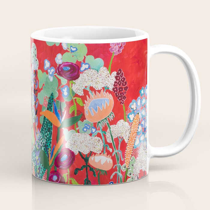 Red Floral Jungle Garden Botanical Featuring Proteas, Reeds, Eucalyptus, Ferns And Birds Of Paradise Coffee Mug