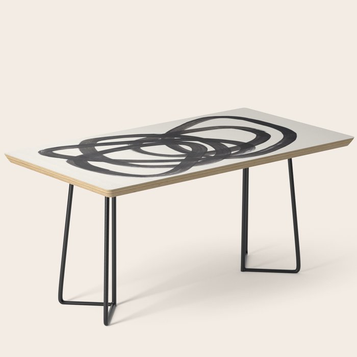 Mid Century Modern Minimalist Abstract Art Brush Strokes Black & White Ink Art Spiral Circles Coffee Table