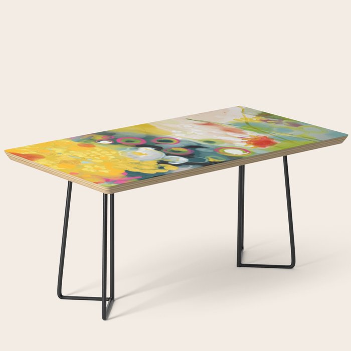 Abstract Floral Art In Yellow Green And Rose Magenta Colors Coffee Table