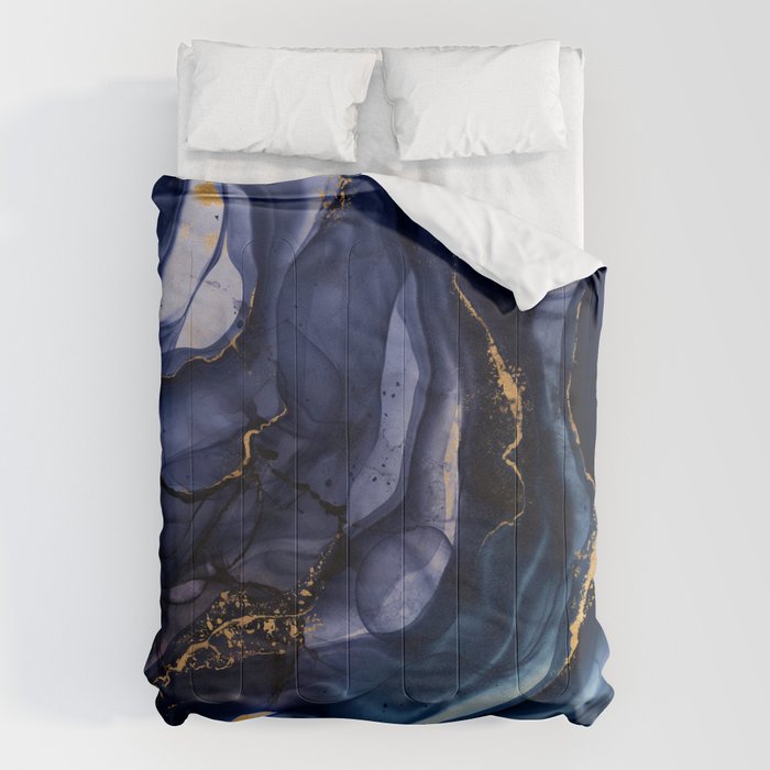 Midnight Dark Blue Marble Alcohol Ink Marble Art Flashes Comforter