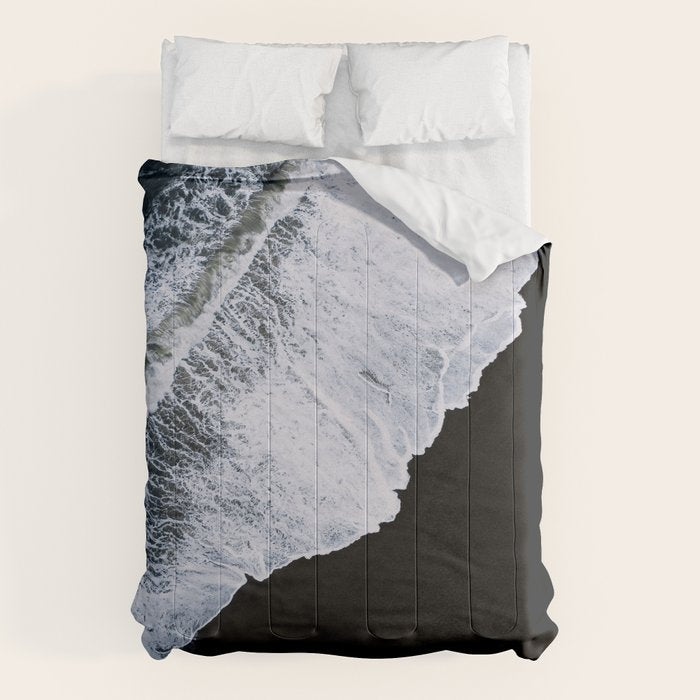 Waves Crashing On A Black Sand Beach Minimal Landscape Photography Comforter